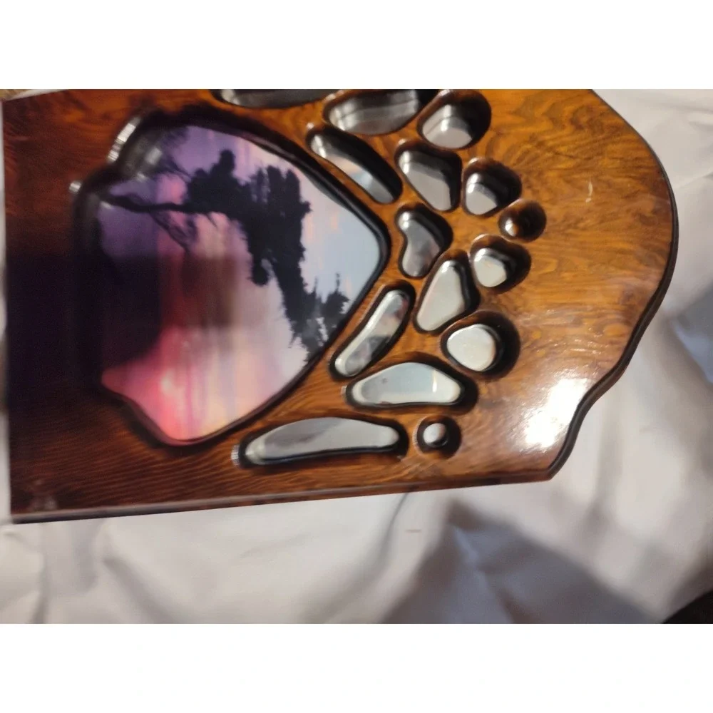 Handmade Wall Hanging With Mirror And Pict Of A Sunset. Shaped Like A Bear Paw